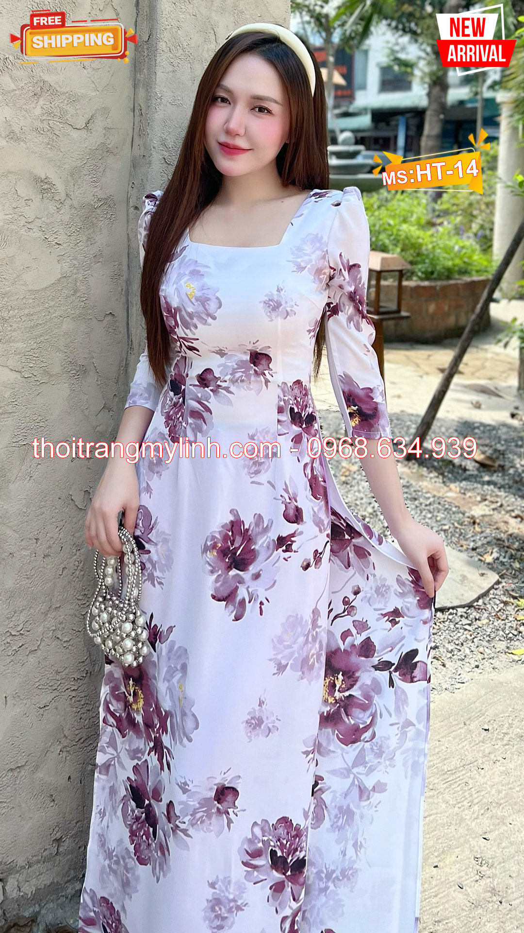 Bộ áo dài họa tiết bông tím nền trắng HT14